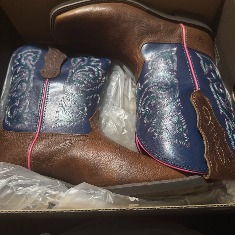 Brown and Blue Western Boots with Pink Trim